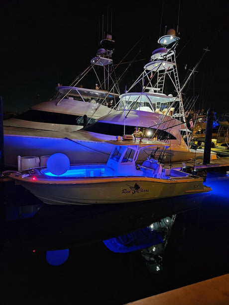 Boats in a marina illuminated by blue light - Lighting in Key Biscayne Marinas