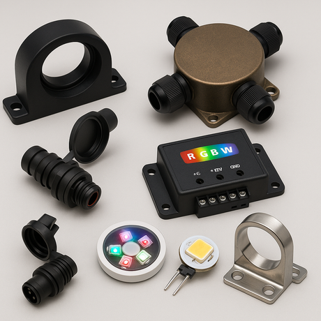 Collection of DRSA marine lighting accessories including LED mounting brackets, waterproof connectors, and RGBW controllers for boat and dock illumination