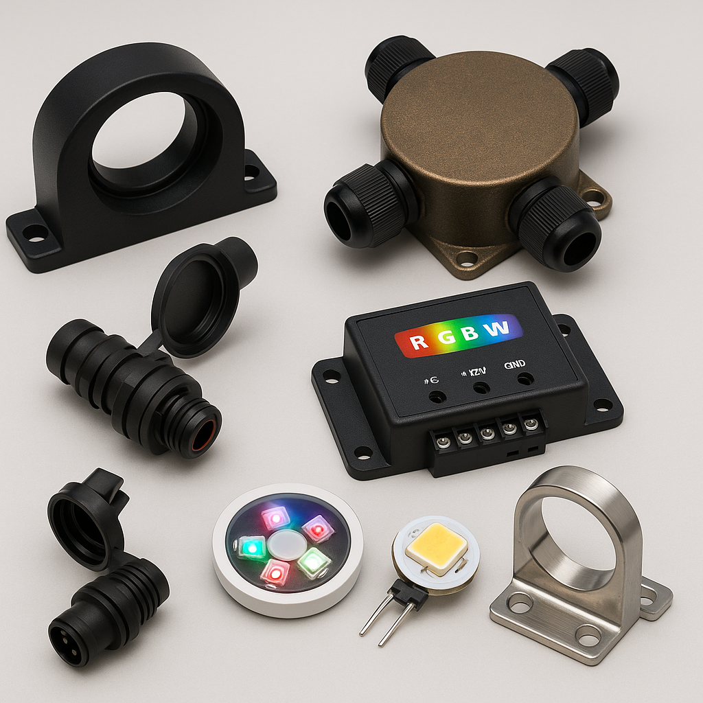 Collection of DRSA marine lighting accessories including LED mounting brackets, waterproof connectors, and RGBW controllers for boat and dock illumination