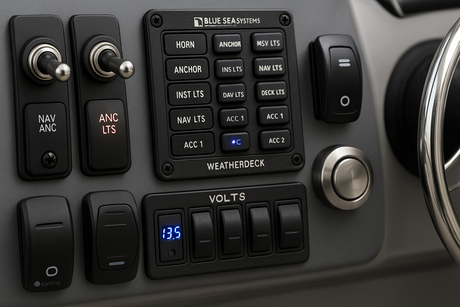 Collection of DRSA marine electrical switches and accessories, including Carling Technologies toggle switches and Blue Sea Systems switch panels, installed on a yacht’s