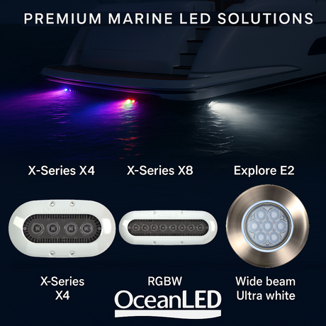 OceanLED underwater LED lights illuminating a yacht’s transom with vivid color and white light