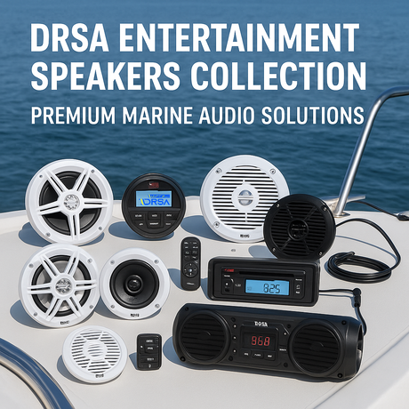 Collection of DRSA marine entertainment speakers including Boss Audio MR6W, MR6B, and MCK500WB.6 kit installed on a boat for high-quality audio