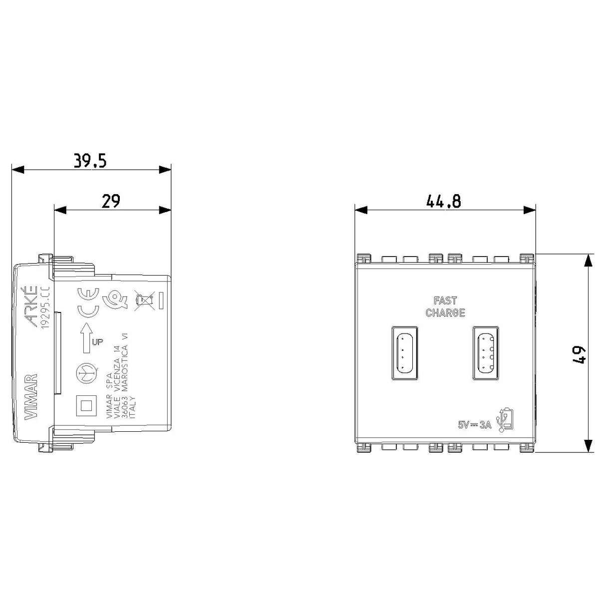 Vimar Arké 19295 USB Charging Outlet – Dual USB-A, 2.1A, 120/230V