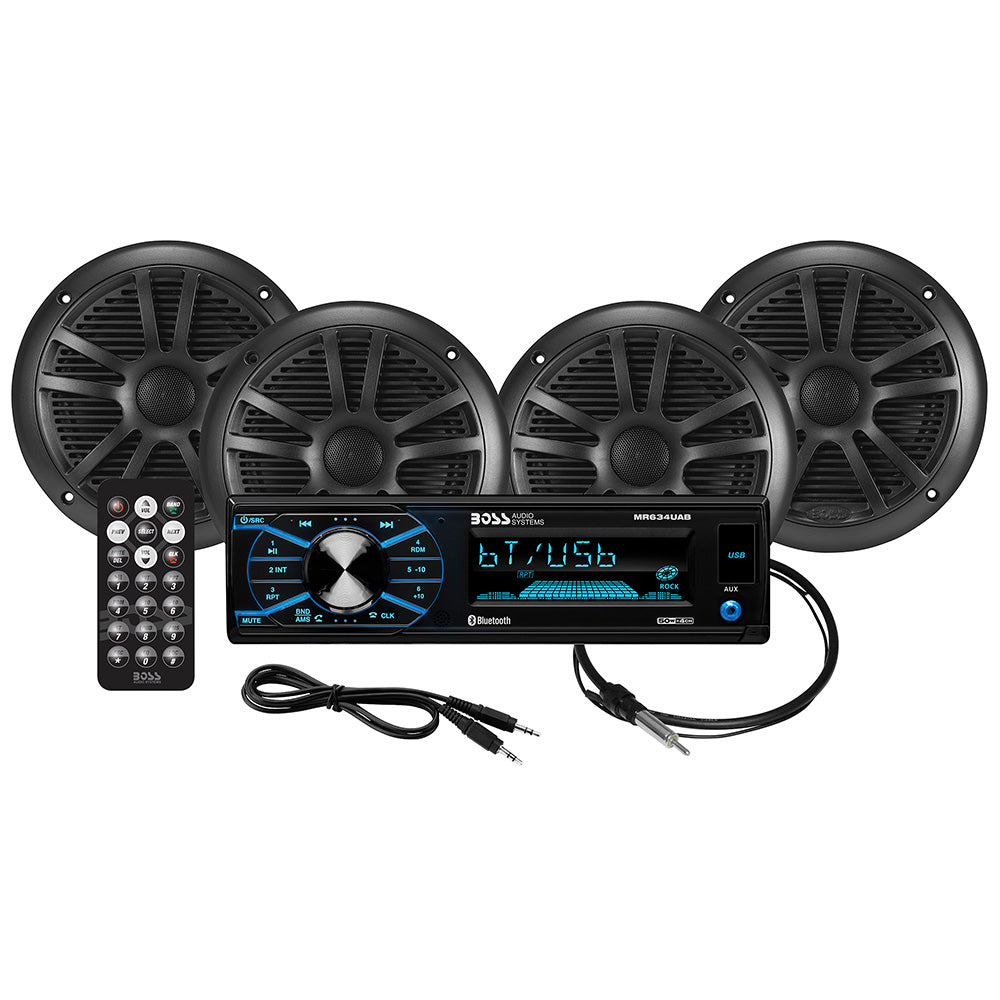 Boss Audio MCBK634B.64 marine audio kit with MR634UAB Bluetooth receiver, four black MR6B 6.5-inch speakers, MRANT10 antenna, and black wireless remote