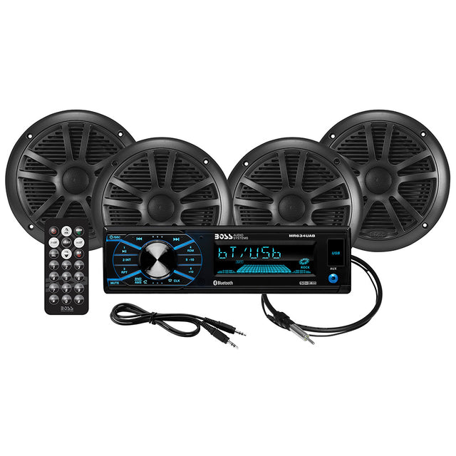Boss Audio MCBK634B.64 marine audio kit with MR634UAB Bluetooth receiver, four black MR6B 6.5-inch speakers, MRANT10 antenna, and black wireless remote