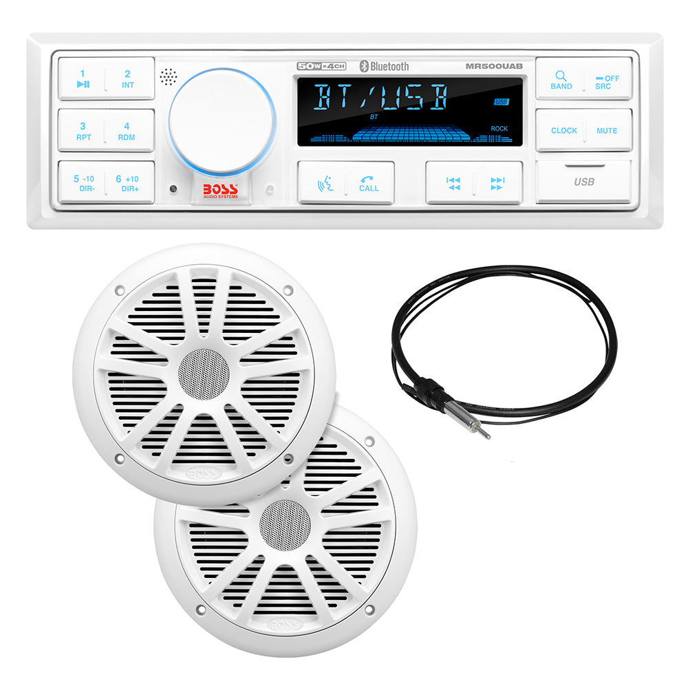 Boss Audio MCK500WB.6 marine audio kit with MR500UAB Bluetooth receiver, two white MR6W 6.5-inch speakers, MRANT10 antenna, and white wireless remote