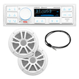 Boss Audio MCK500WB.6 marine audio kit with MR500UAB Bluetooth receiver, two white MR6W 6.5-inch speakers, MRANT10 antenna, and white wireless remote
