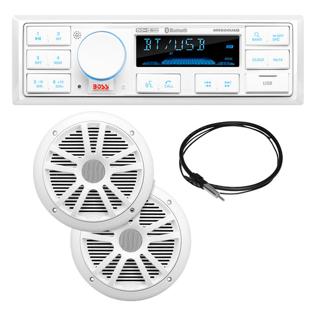 Boss Audio MCK500WB.6 marine audio kit with MR500UAB Bluetooth receiver, two white MR6W 6.5-inch speakers, MRANT10 antenna, and white wireless remote