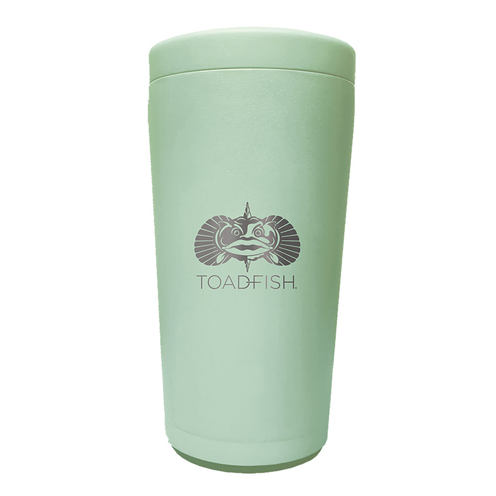 Toadfish Non-Tipping Can Cooler 2.0 in Seagrass on a smooth surface with a 12oz can