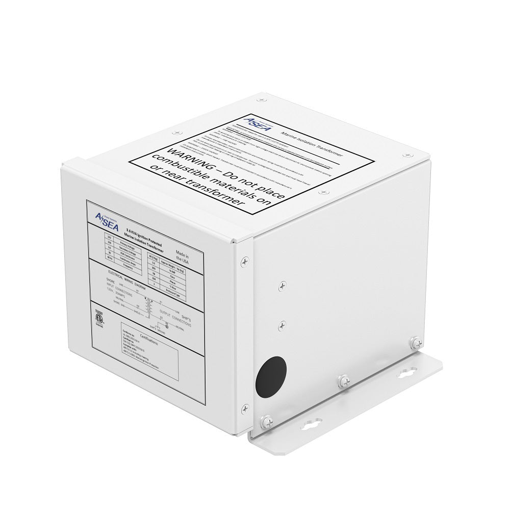 ASEA Power Systems 3.6 kVA isolation transformer with 120V, 30A capacity mounted on a boat for galvanic corrosion protection and shore power safety side view
