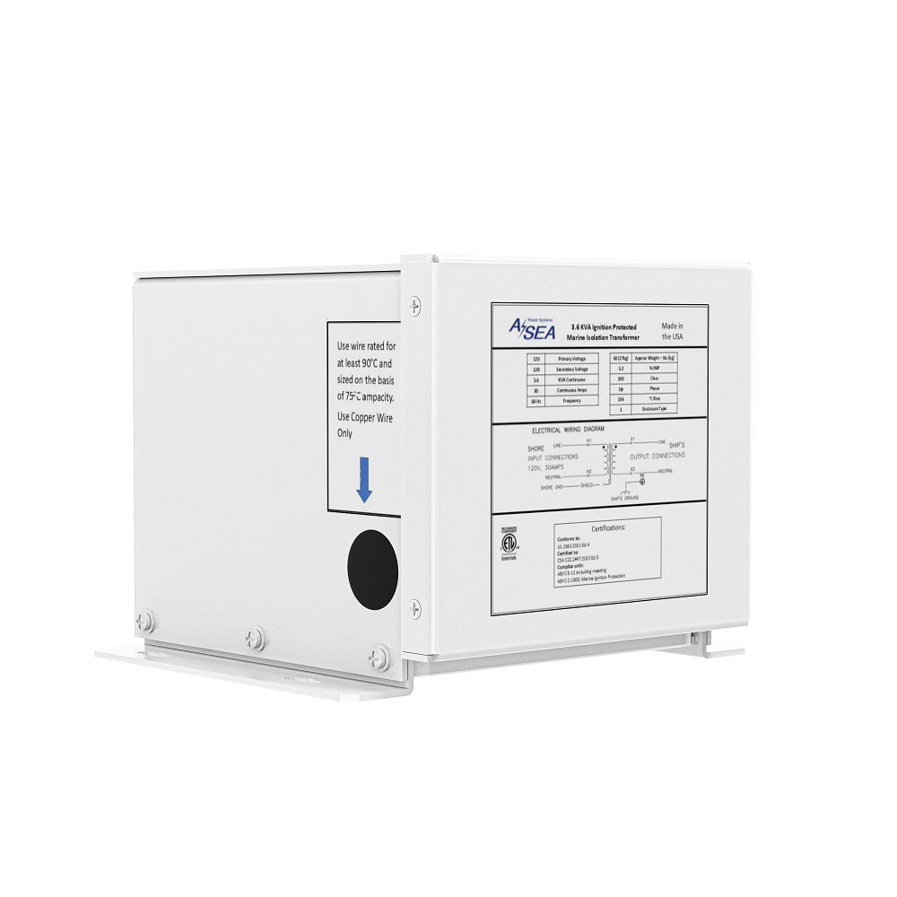 ASEA Power Systems 3.6 kVA isolation transformer with 120V, 30A capacity mounted on a boat for galvanic corrosion protection back view