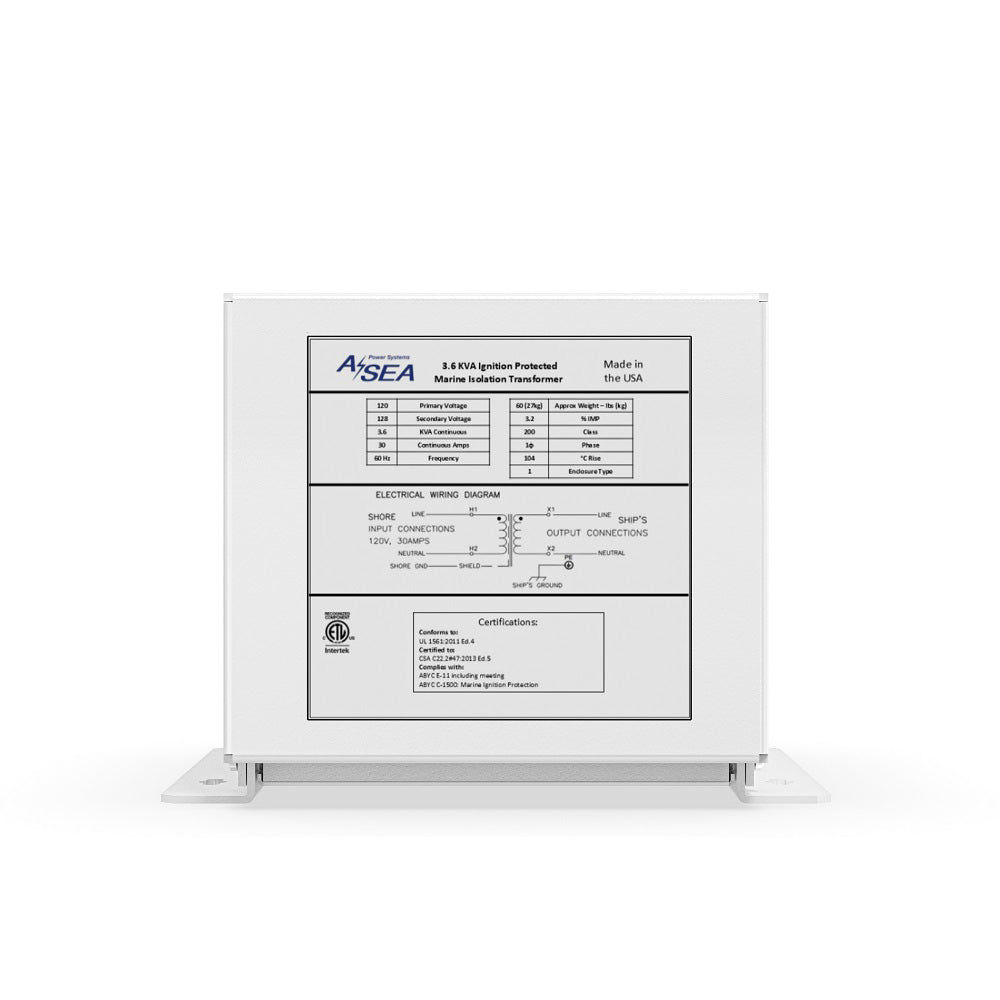 ASEA Power Systems 3.6 kVA isolation transformer with 120V, 30A capacity mounted on a boat for galvanic corrosion protection  side