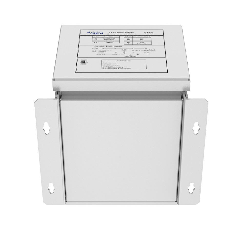 ASEA Power Systems 3.6 kVA isolation transformer with 120V, 30A capacity mounted on a boat for galvanic corrosion protection and shore power safety bottom view
