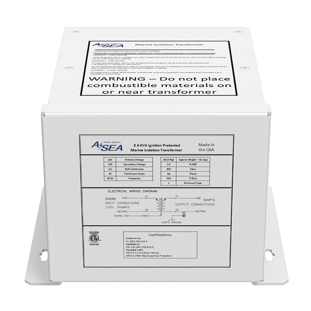 634003 ASEA Power Systems 3.6 kVA isolation transformer with 120V, 30A capacity mounted on a boat for galvanic corrosion protection and shore power safety