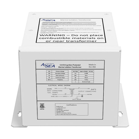 634003 ASEA Power Systems 3.6 kVA isolation transformer with 120V, 30A capacity mounted on a boat for galvanic corrosion protection and shore power safety