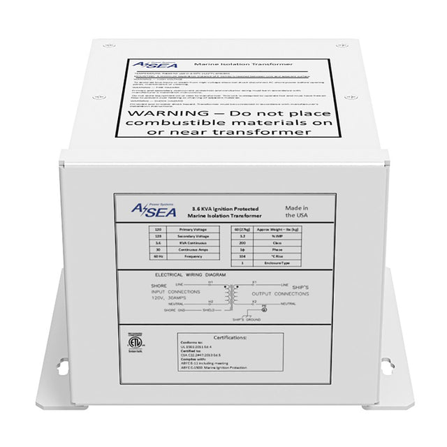 634003 ASEA Power Systems 3.6 kVA isolation transformer with 120V, 30A capacity mounted on a boat for galvanic corrosion protection and shore power safety