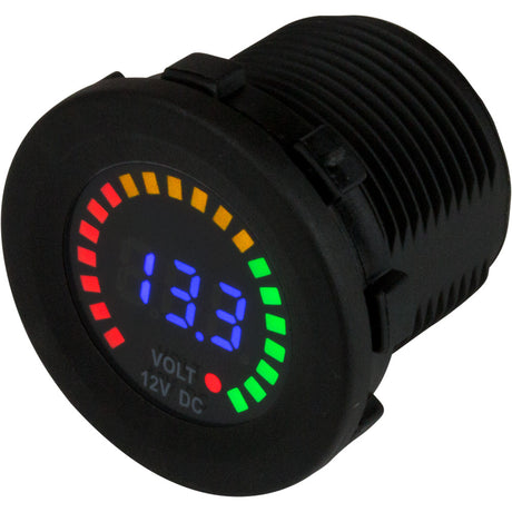 421617 Sea-Dog Rainbow Display Digital Voltmeter installed on a boat’s helm

