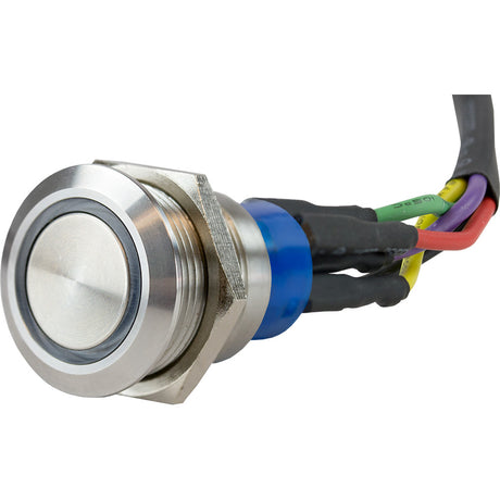 403063-1 Sea-Dog LED Push Button On/Off Switch with 304 stainless steel and blue LED ring on a boat’s helm

