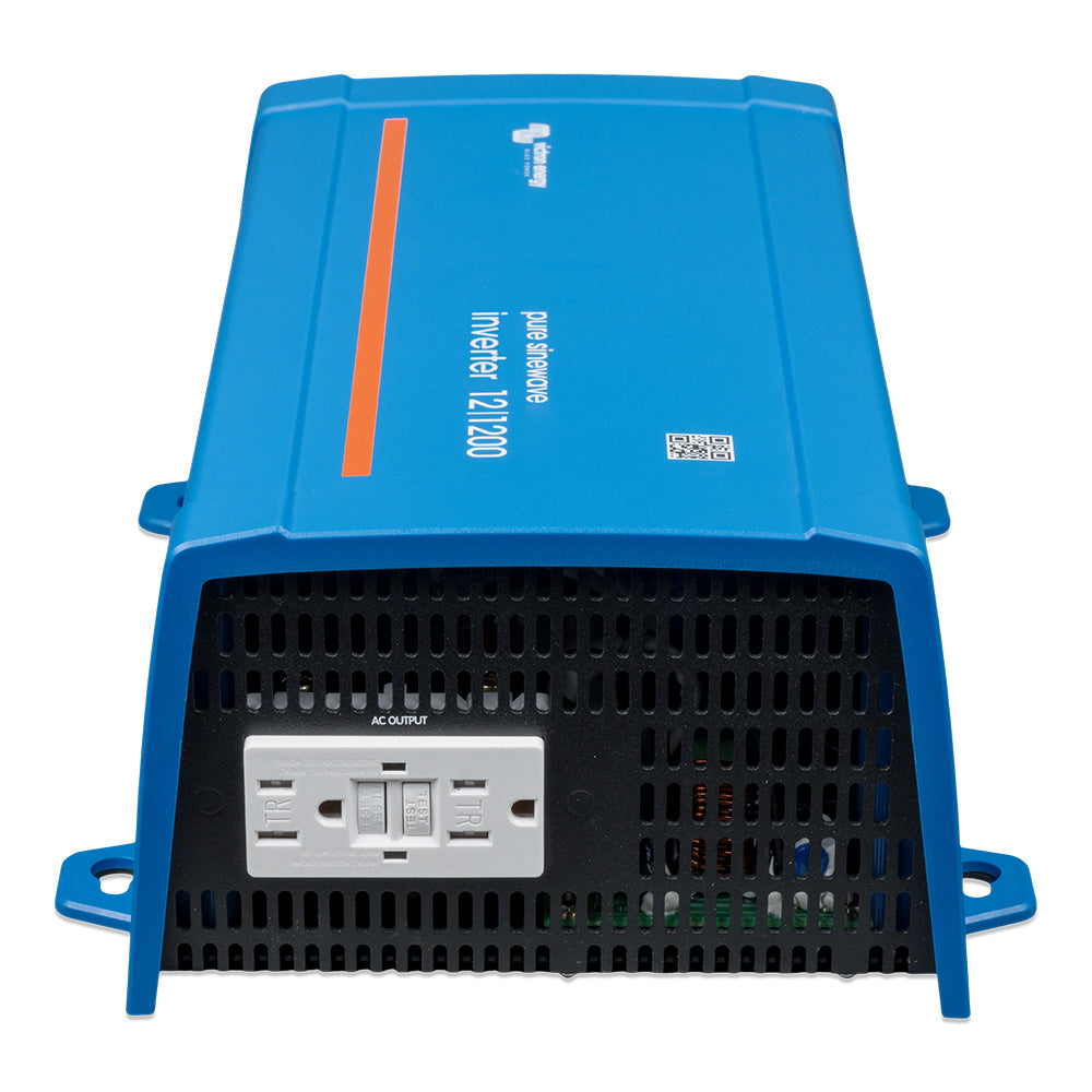 Victron Phoenix Inverter 12/1200 mounted with GFCI outlet in a compact marine or RV battery system front view