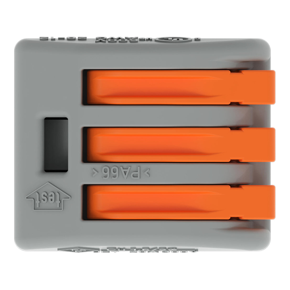 Gray housing WAGO 3-wire connector top view

