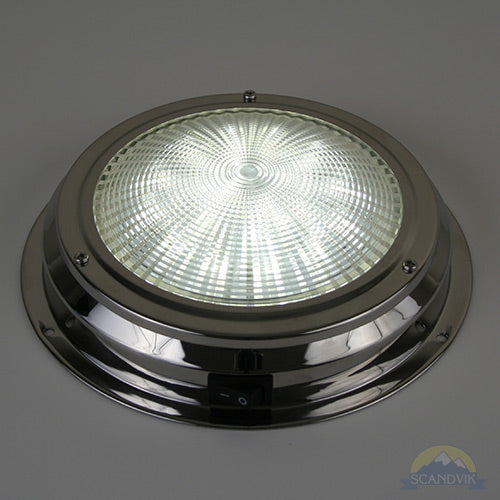 Round metallic light fixture on a gray background Scandvik LED dome light, stainless steel marine light, 5.5 inch LED light, warm white boat light