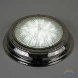 Round metallic light fixture on a gray background Scandvik LED dome light, stainless steel marine light, 5.5 inch LED light, warm white boat light