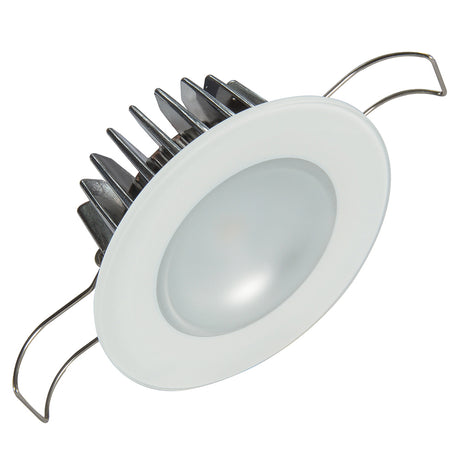 113198 Close-up of Lumitec Mirage marine down light showing white bezel-less glass finish

