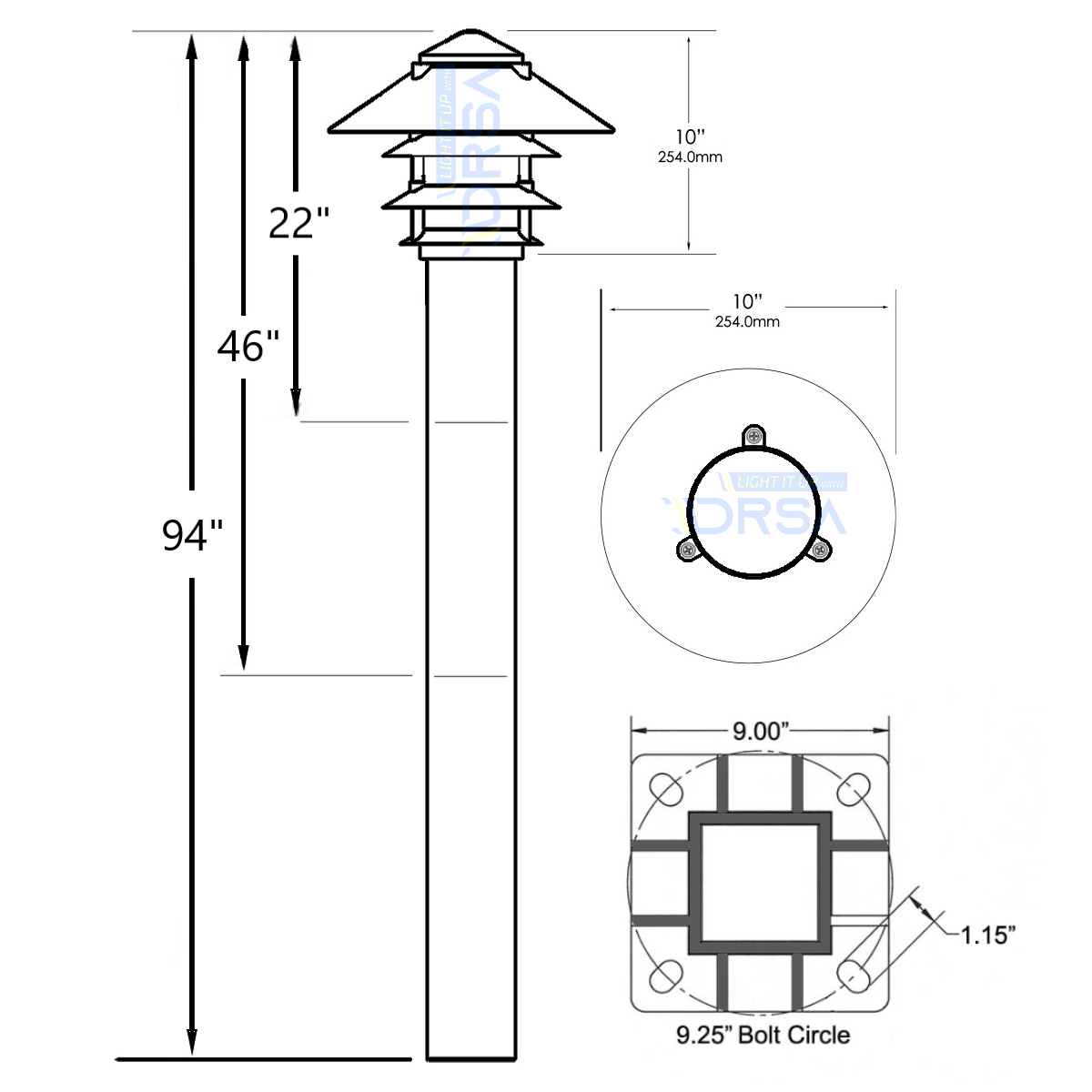 Aluminum Square 4" Post Dock LED Light, covering all finish daigram