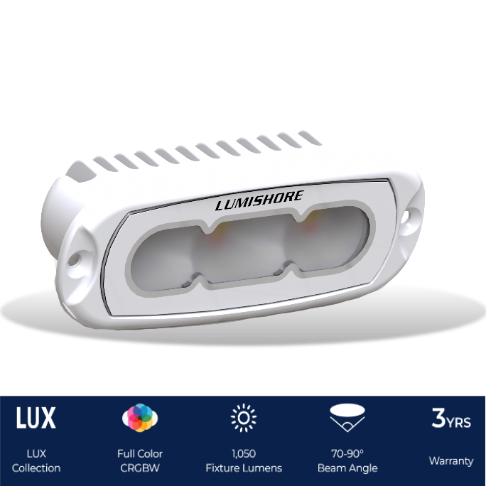Lumishore LUX 4" Flush Fit CRGBW LED Flood Light wih product specs no background