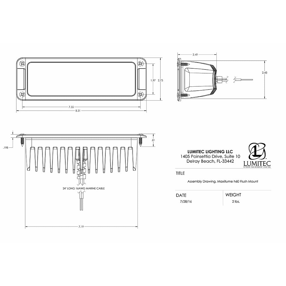 101336 6000 lumen Lumitec flush mount deck flood light drawing 

