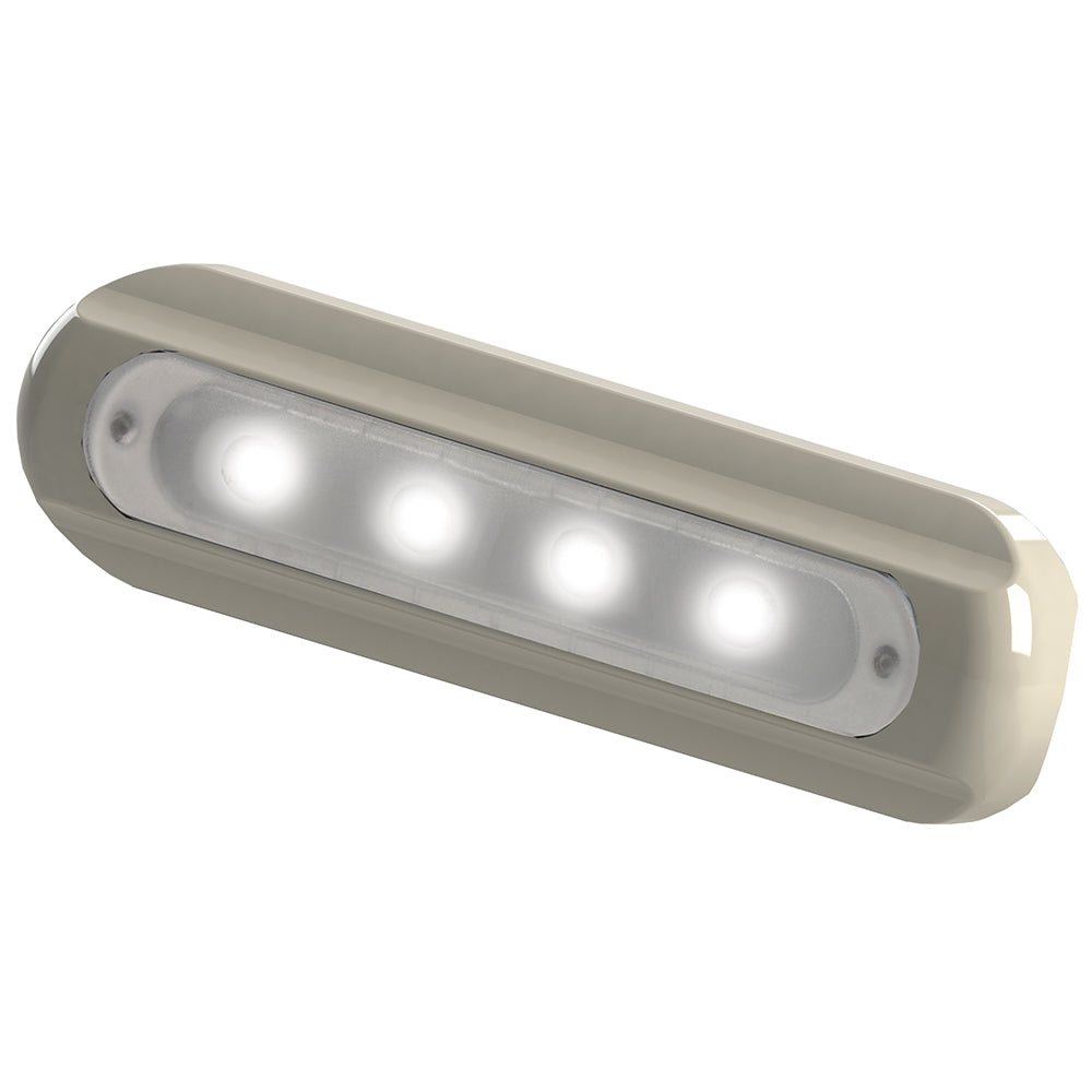 F38-8800W-1 Front view of TACO 4-LED Deck Light in white flat mount housing