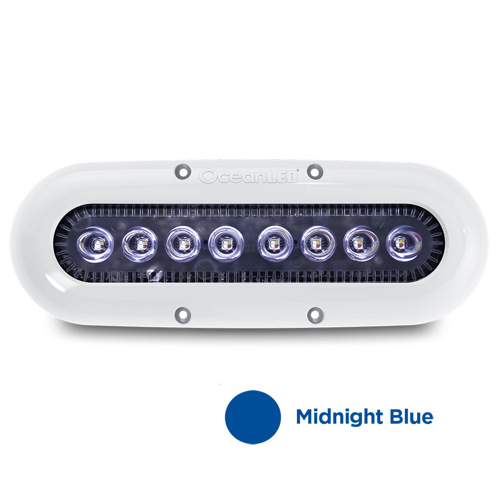 012305B OceanLED X8 Midnight Blue LED underwater light mounted on a yacht transom

