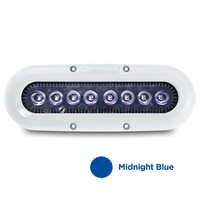 012305B OceanLED X8 Midnight Blue LED underwater light mounted on a yacht transom

