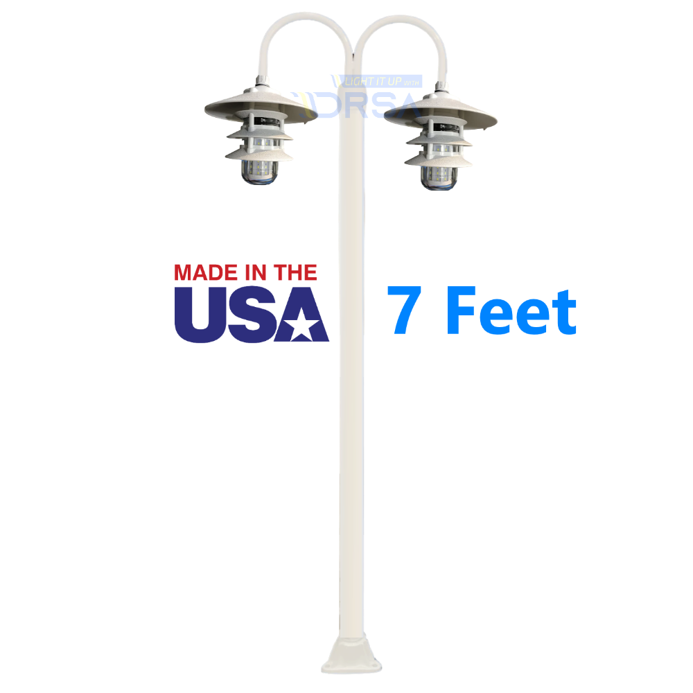 White Aluminum Round Post with Double LED Pagoda Dock Light 7 feet 