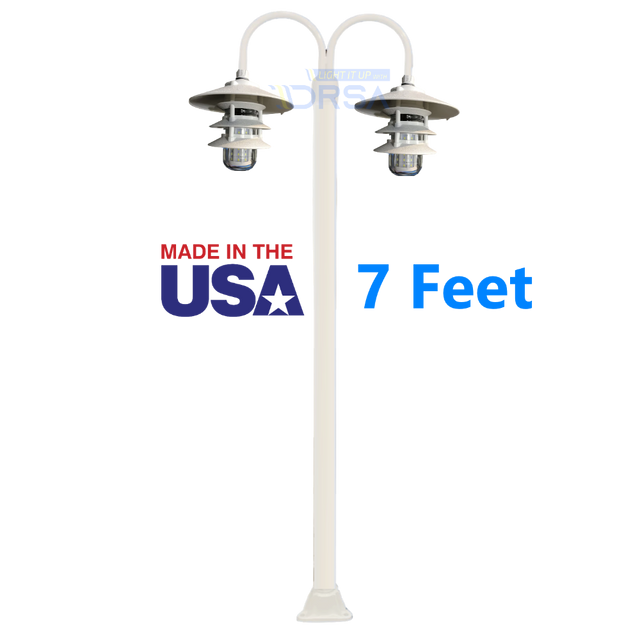 White Aluminum Round Post with Double LED Pagoda Dock Light 7 feet 