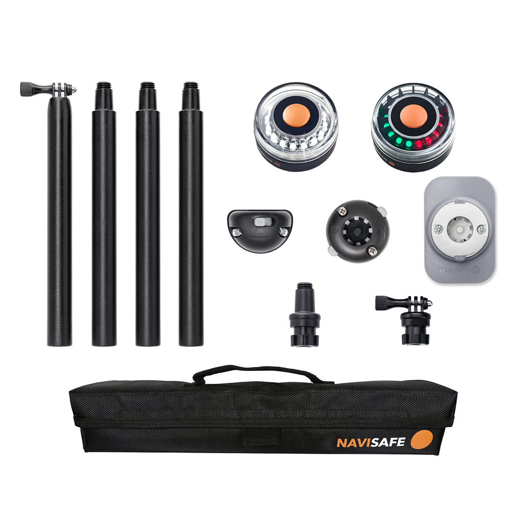 769-1 Complete Navisafe Inflatable Skiff & Dinghy Kit displayed with lights, pole, mounts, and carry bag

