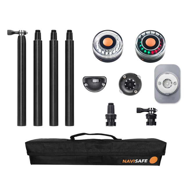 769-1 Complete Navisafe Inflatable Skiff & Dinghy Kit displayed with lights, pole, mounts, and carry bag

