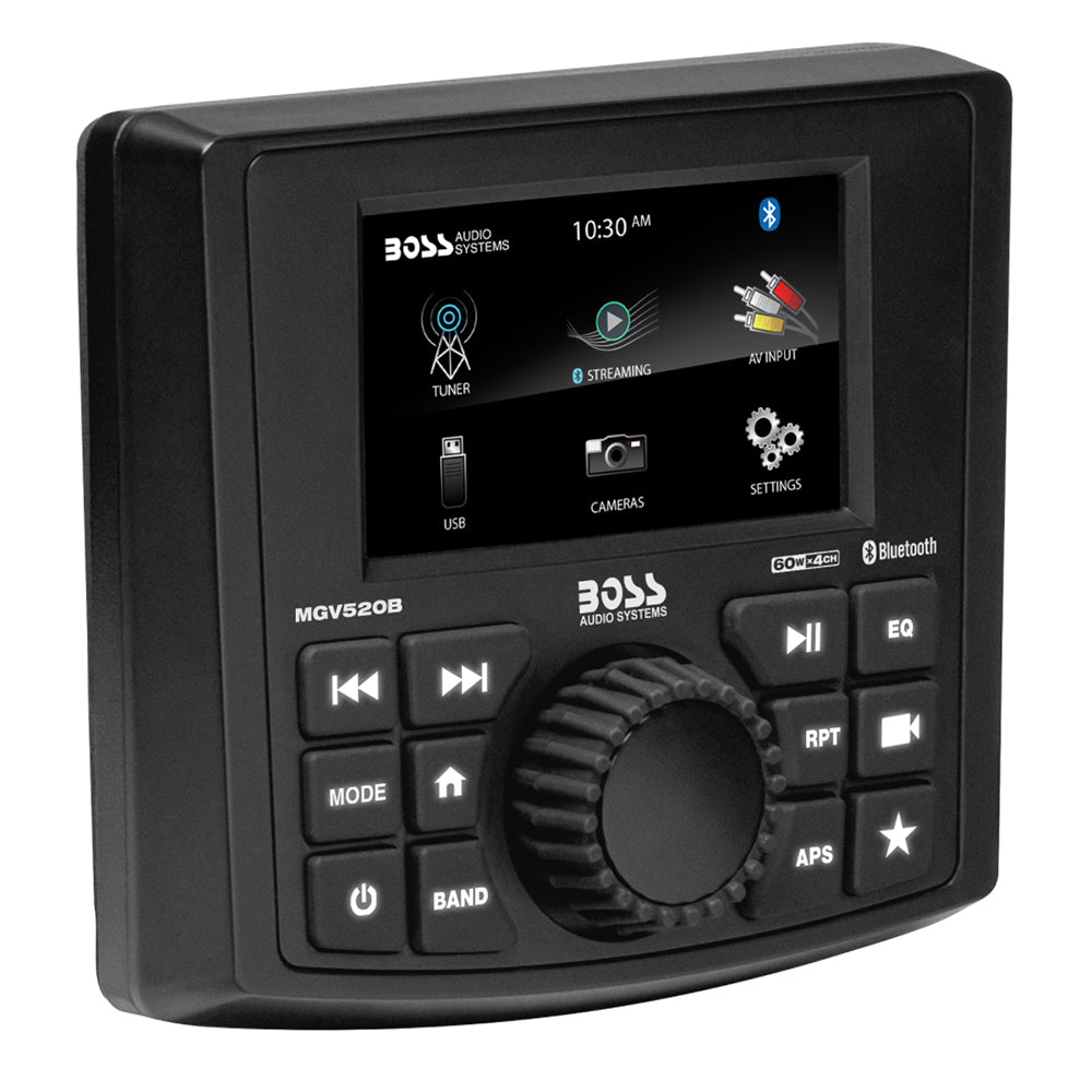 Boss Audio MGV520B marine stereo with 3-inch multicolor display and Bluetooth.