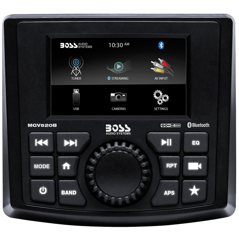 Boss Audio MGV520B marine stereo with 3-inch multicolor display and Bluetooth, mounted in a boat’s gauge-style opening