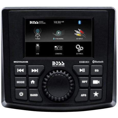 Boss Audio MGV520B marine stereo with 3-inch multicolor display and Bluetooth, mounted in a boat’s gauge-style opening