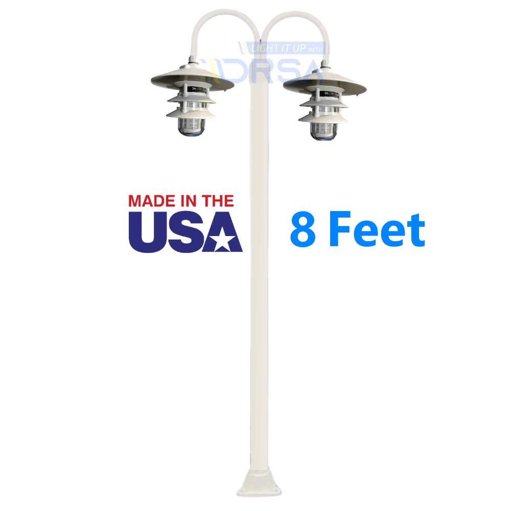 White Aluminum Round Post with Double LED Pagoda Dock Light 8 feet no background