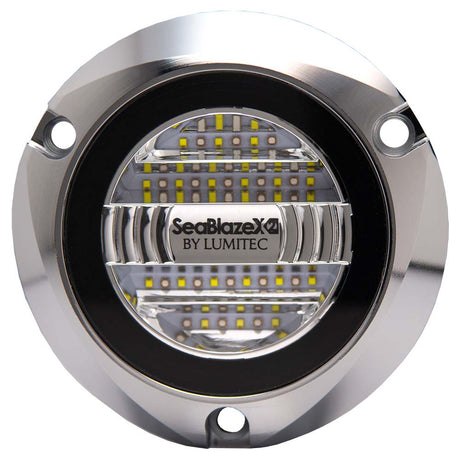 Lumitec SeaBlazeX2 underwater light glowing white at night, Dual color blue mode on SeaBlazeX2 boat hul