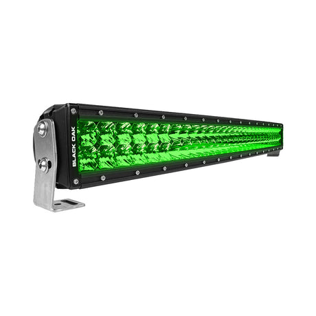30CG-D3OS  Image Alt Tag:
Black Oak 30-inch curved double row green LED hog hunting light bar with combo optics and black housing mounted on a vehicle for nighttime hunting