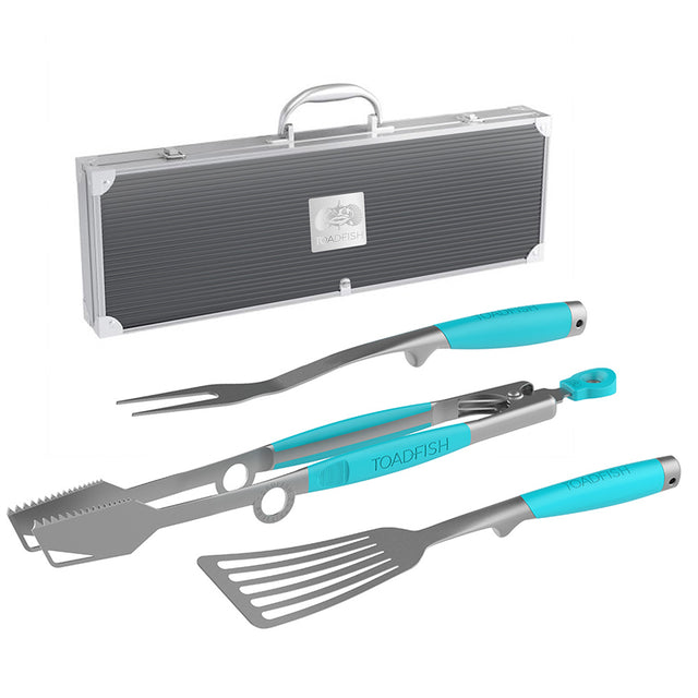 Toadfish Ultimate Grill Set with tongs, spatula, grill fork, and hard case