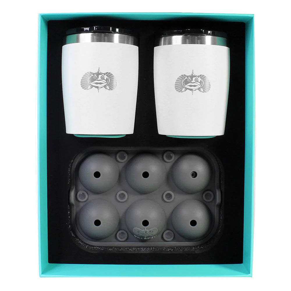 Toadfish Non-Tipping 10oz White Rocks Tumblers with Ice Ball Tray on a smooth surface