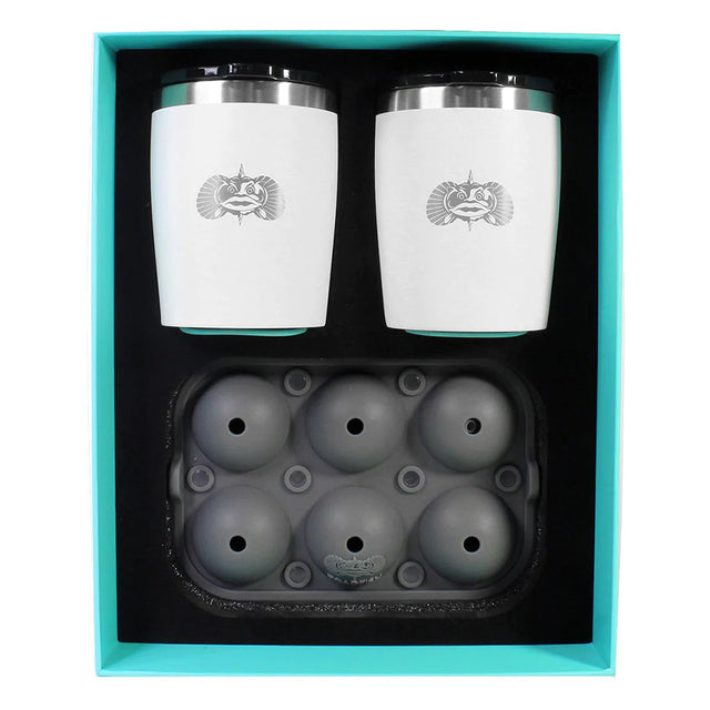 Toadfish Non-Tipping 10oz White Rocks Tumblers with Ice Ball Tray on a smooth surface