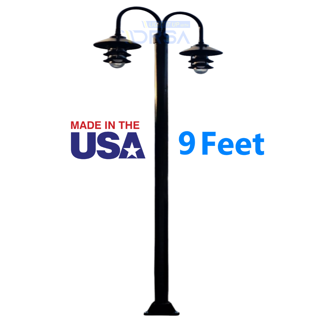 Gloss black Aluminum Round Post with Double LED Pagoda Dock Light 9 feet 
