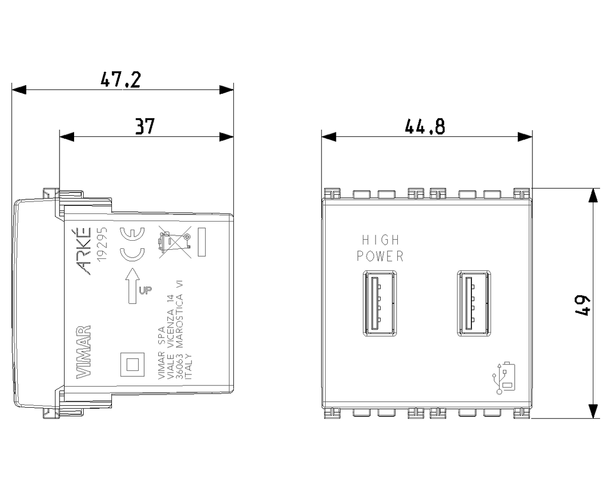 Vimar Arké 19295 USB Charging Outlet – Dual USB-A, 2.1A, 120/230V