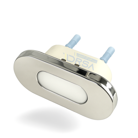 side view of the stainless steel oval courtesy light highlighting its slim profile Bimini step light 