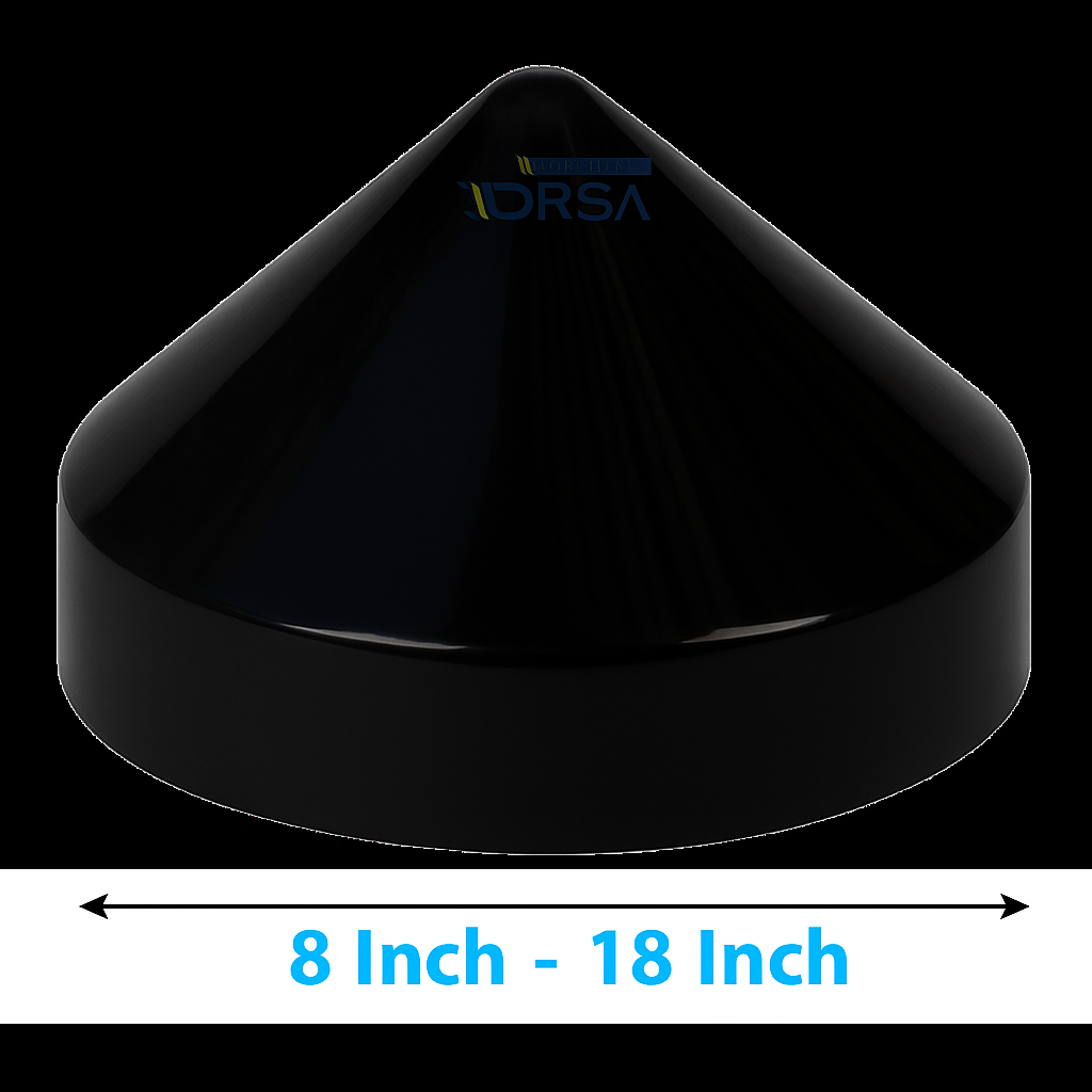 Black Cone Dock Piling Cap with size diagram no background